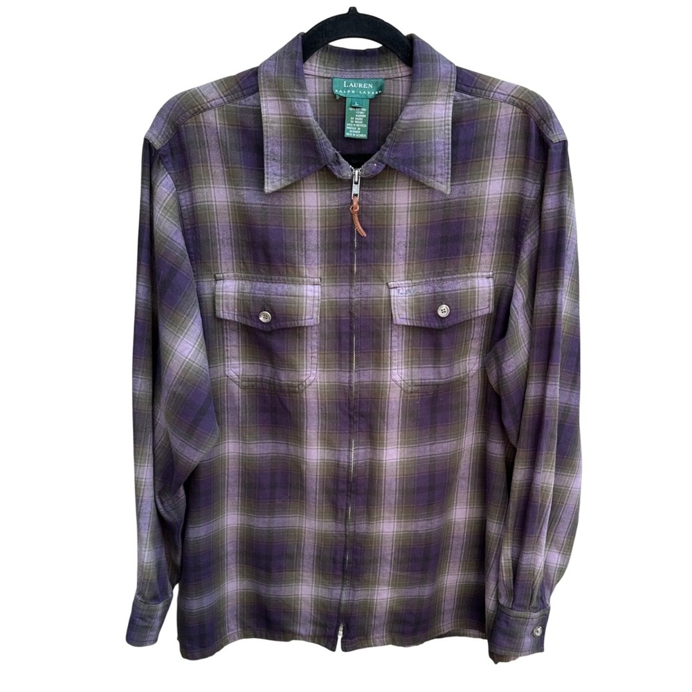 Lauren Ralph Lauren Womens Purple Olive Plaid Full Zip Flannel Shirt Large
